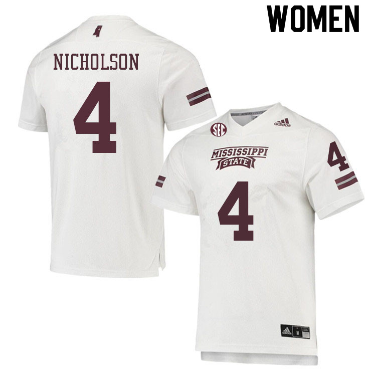 Women #4 DeCarlos Nicholson Mississippi State Bulldogs College Football Jerseys Sale-White - Click Image to Close